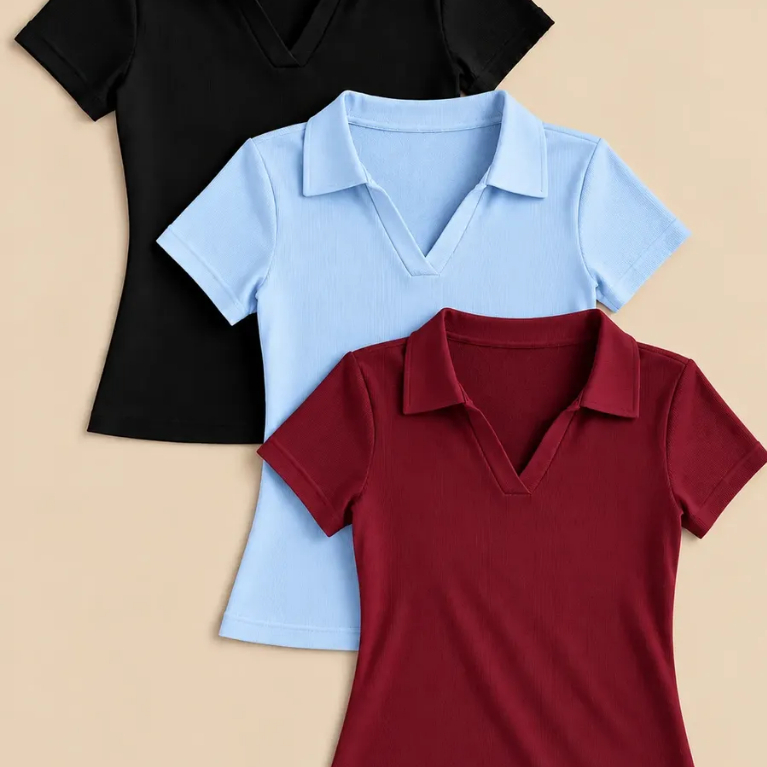 Kit 3 Blusas Femininas Gola Polo V Baby Look Ribana Básica