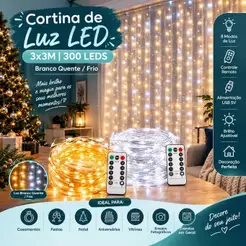 Pisca Cortina 300 Leds Fio De Fada 3x3 Metros Festa Casamento Eventos Natal Branco Quente Amarelo