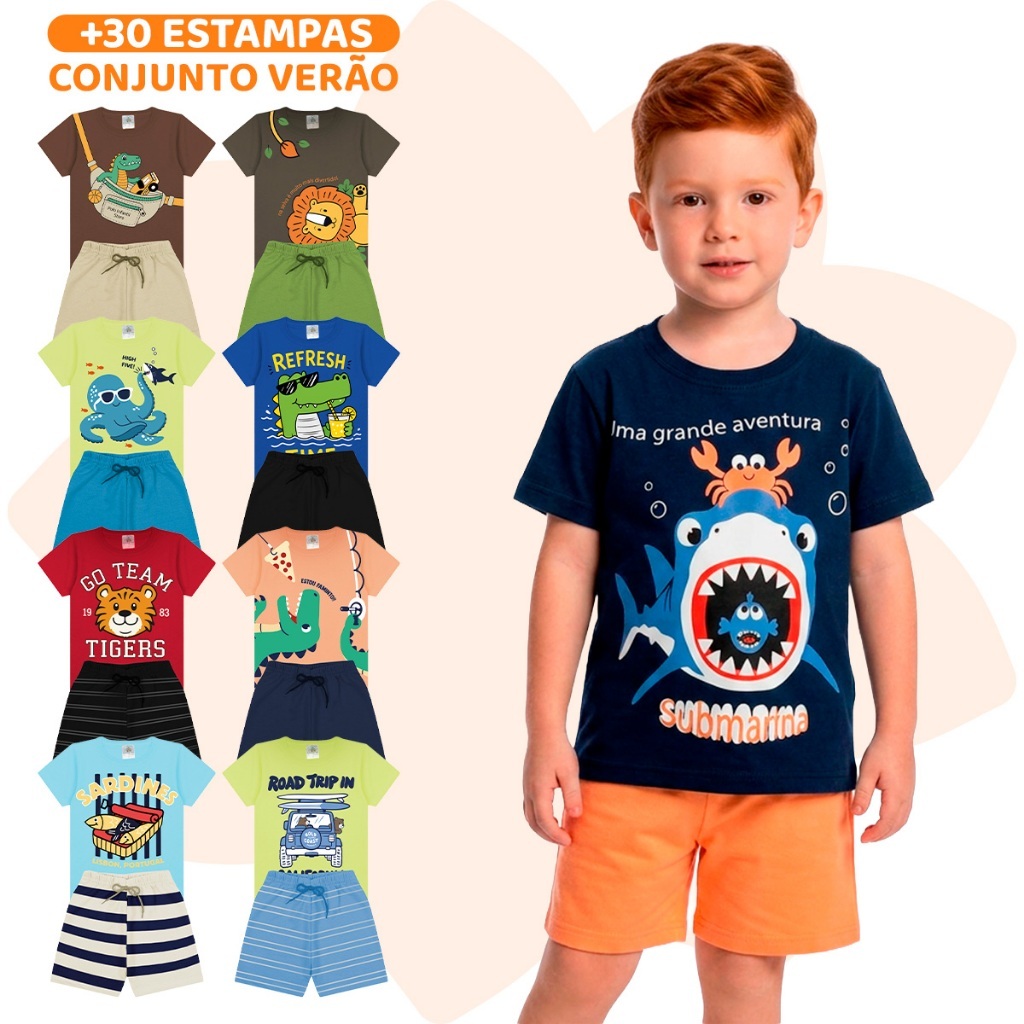 Kit Sortido 10 Peças de Roupa Infantil Menino - Tamanhos 1 ao 14 - 5 Camiseta + 5 Bermuda - Menino Verão Masculino Bebe