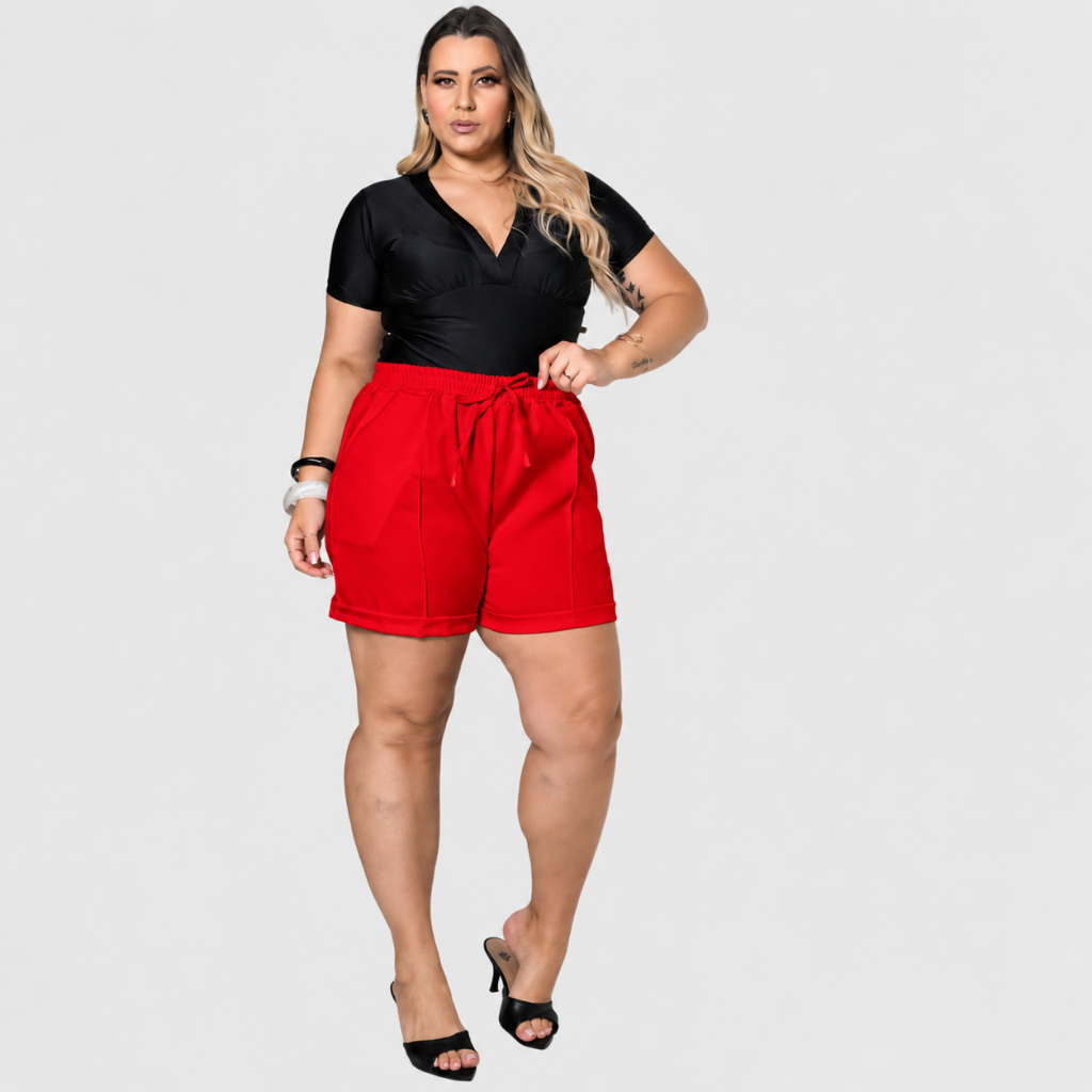 Shorts Alfaitaria Plus Size Feminino Cintura Alta Bolsos Bainha Italiana Super Elegante Confortável Soltinho 44 Ao 54