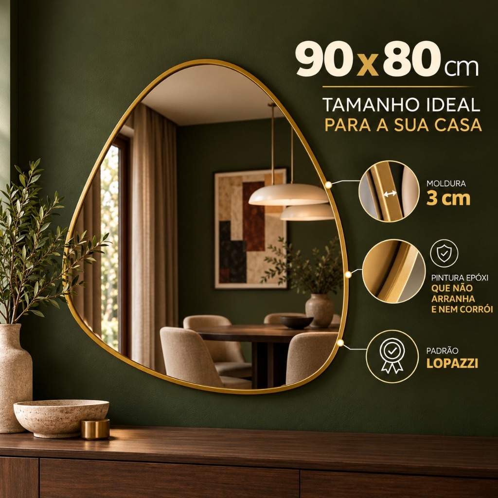 Espelho Grande Orgânico com Moldura de Alumínio 90x80cm Decorativo para Banheiro Quarto Sala Hall Lavabo Clinica · foto 2