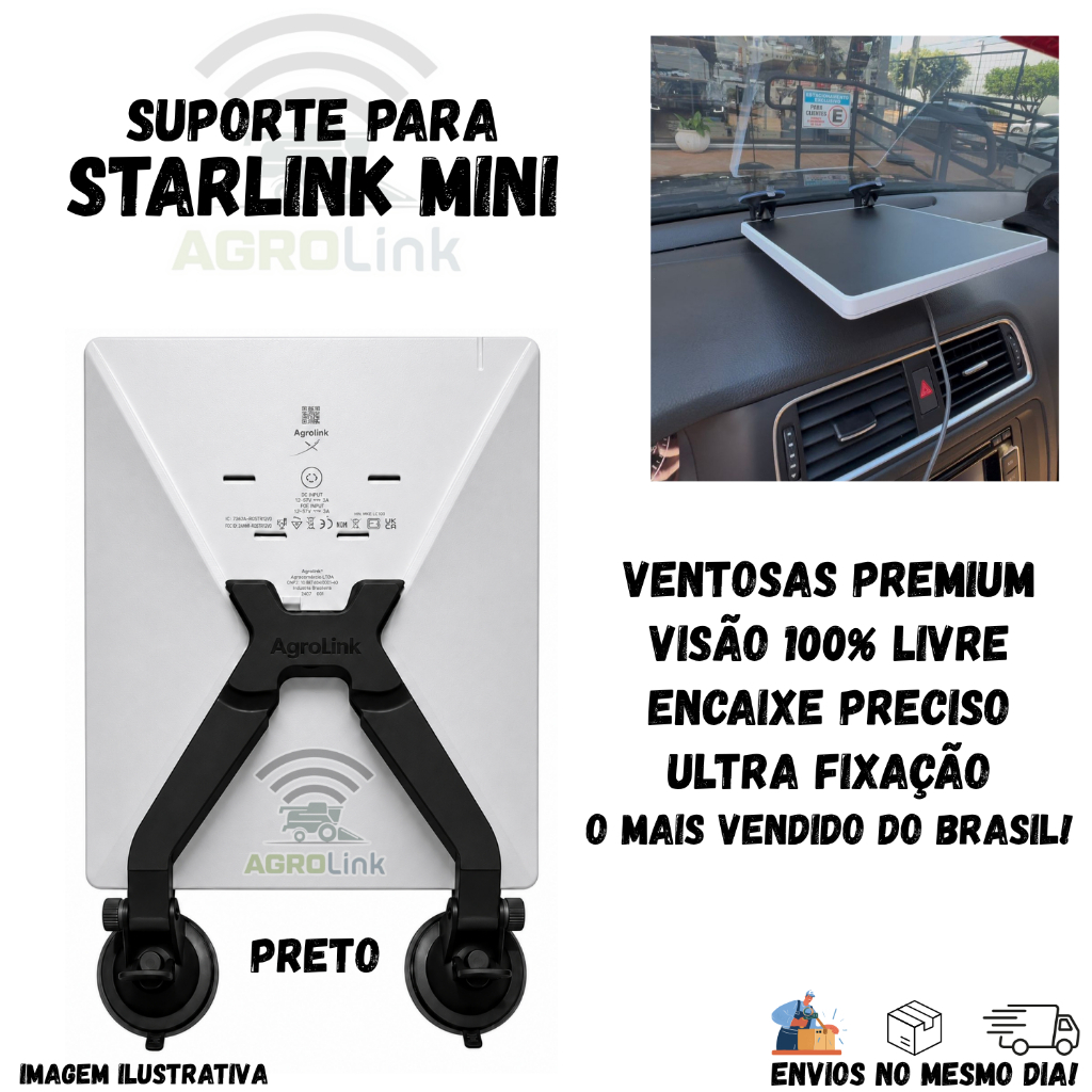 Suporte Preto Veicular Para Starlink Mini 2 Ventosas ABS AgroLink Full