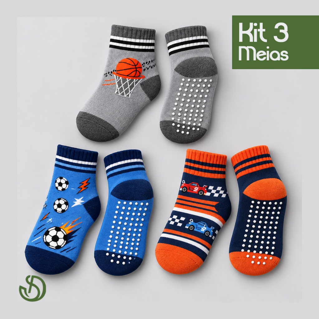 Kit 3 Pares Meias Infantis Masculinas Antiderrapantes Estampadas Menino 0 a 10 Anos