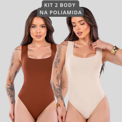 Kit 2 Body Feminino Decote Quadrado Poliamida com Elastano 34 ao 52 Plus Size Forro Duplo Nos Seios