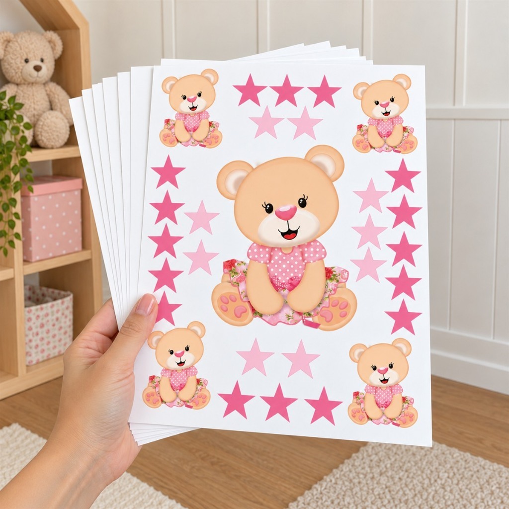 Adesivo Decorativo De Parede Quarto Menina Ursinha Ursa Rosa Estrelas Autoadesivo