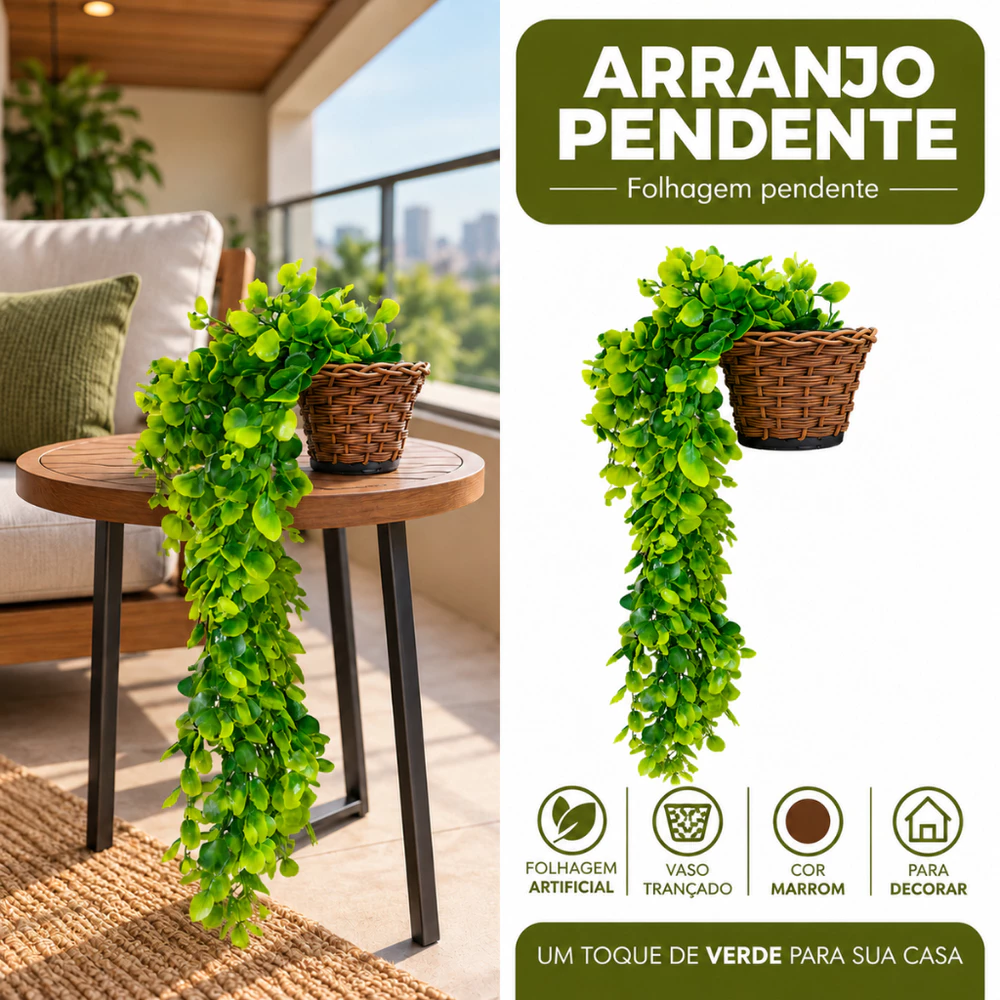Kit Planta Decorativa: Vasos Trançado Marrom + Pendentes Artificial Folhas De Eucalipto