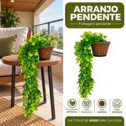 Kit Planta Decorativa: Vasos Trançado Marrom + Pendentes Artificial Folhas De Eucalipto