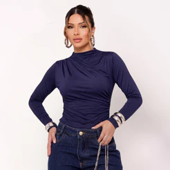 Body Feminina Plissado Manga Longa Elegante Suplex Premium Moderno Outono Inverno 2026