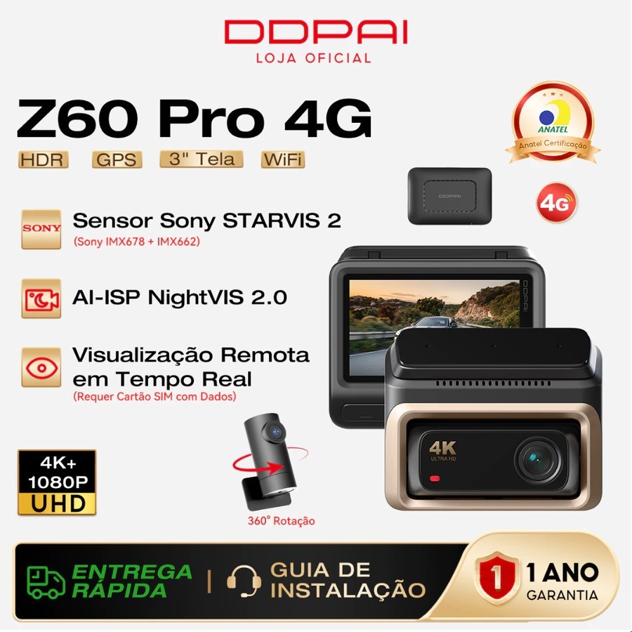 Câmera Veicular DDPAI Z60 Pro 4G Monitoramento Remoto 4K+ 1080P HDR Visão Noturna STARVIS 2 IMX678 WiFi 5G GPS 3" Tela