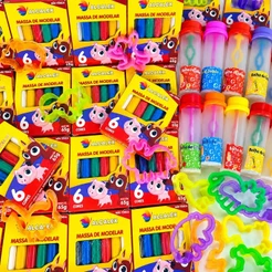 Kit 50 Cx Massinha Modelar + 100 Forminha Cortador + 50 Tubo Vazio P/ Bolha Sabão Festa Lembrancinha