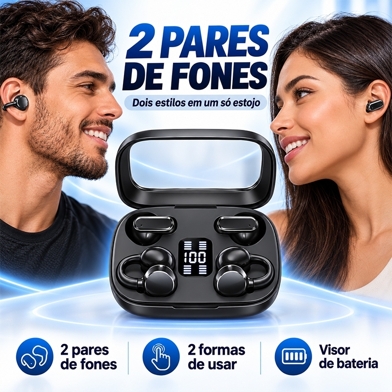 Fone de Ouvido Bluetooth 2 em 1 Sem Fio - 2 Pares Clipe e Semi Intra-Auricular com Estojo e Display de Bateria