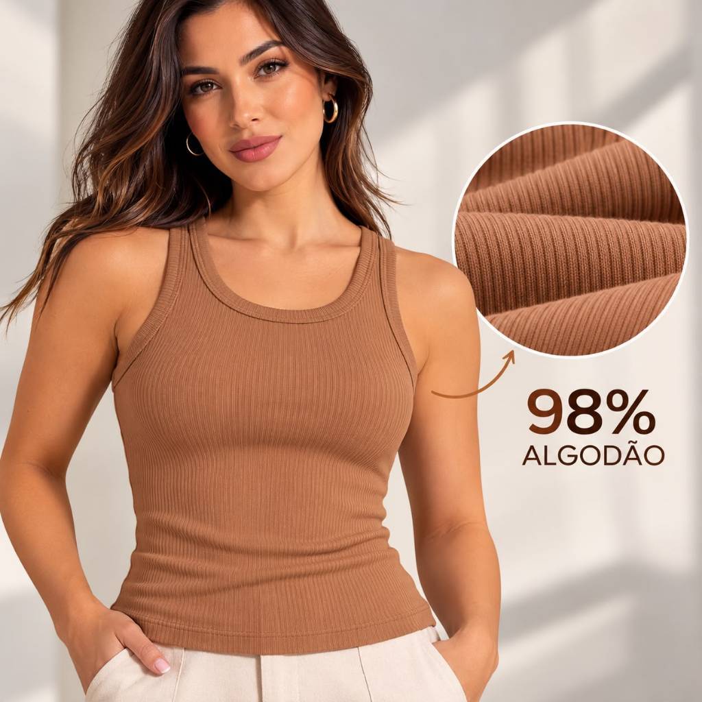 Regata Feminina Básica Ribana Canelada 98% Algodão 2% Elastano Premium Blusinha Confortável