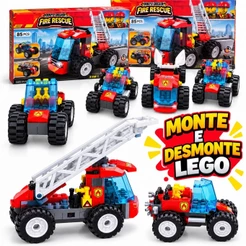 Blocos De Montar Caminhão de Bombeiro C/ Escada 67 Pçs 3 em 1 Fire Rescue Lembrancinha Aniversário