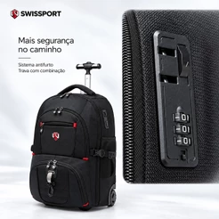 Mochila de Rodinhas Swissport 30L Antifurto Executiva de Viagem e Trabalho Preta