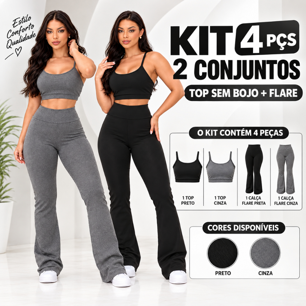 Kit 2 conjuntos top calças legging flare feminino fitness academia