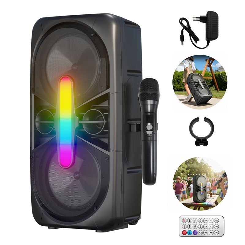 Caixa Som Profissional Amplificada - Luz LED RGB, 2 Microfones Sem Fio, Karaokê, Bluetooth 5, TWS, AUX