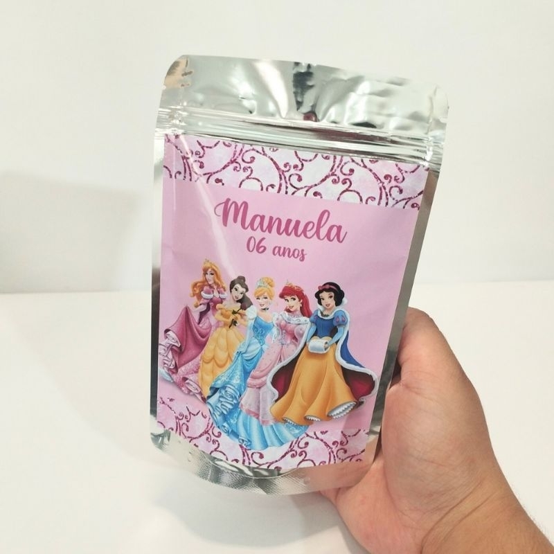 SAQUINHO METALIZADO ZIPLOCK PRINCESAS PERSONALIZADO/LEMBRANCINHA DE FESTA INFANTIL/ANIVERSÁRIO