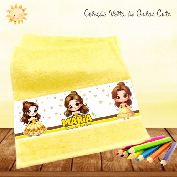 Kit 3 Toalhinhas Bella Fera Princesa Cute Escolar Lavabinho Personalizada com Nome Escolar