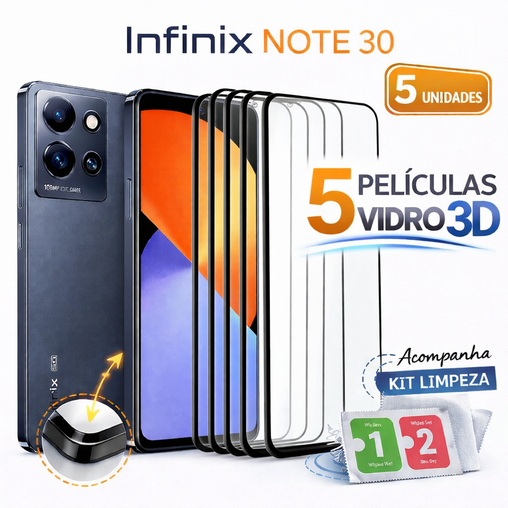 Kit 5 Películas de Vidro 3D Para Infinix Note 30 + Kit Limpeza