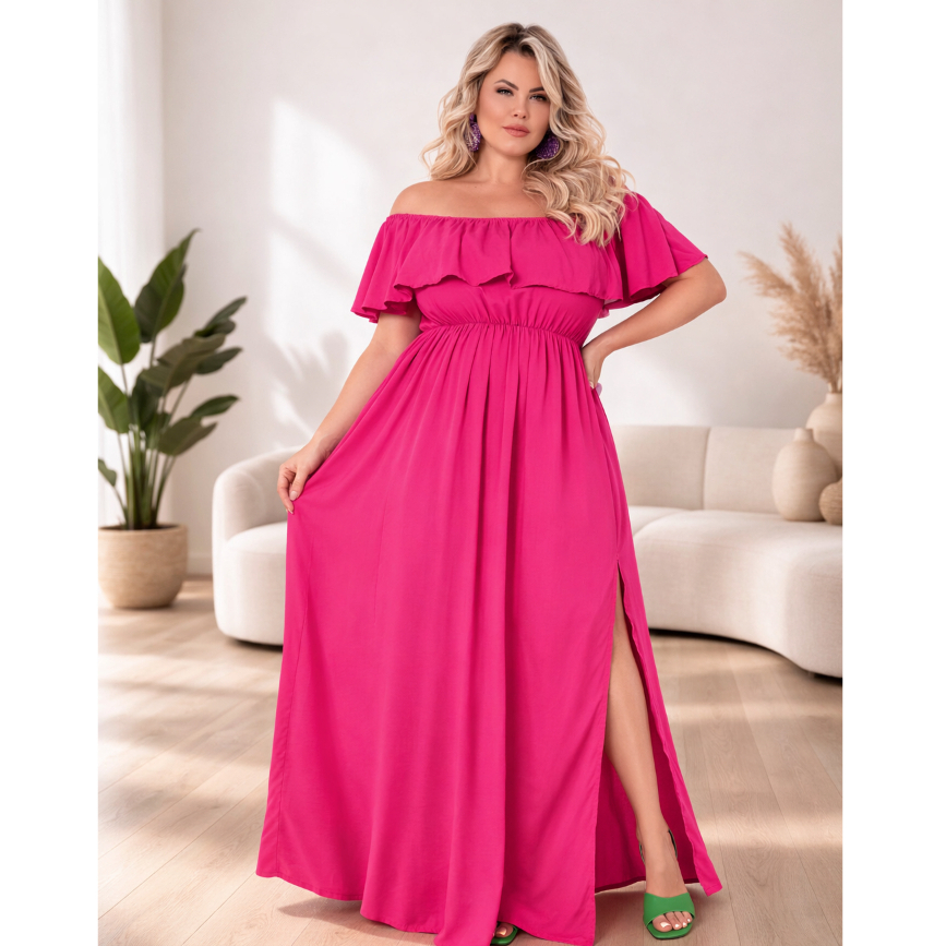 Vestido Longo Plus Size Feminino Ombro A Ombro Festa Modelador Fenda Soltinho Roupas Plus Size em Oferta na Shopee