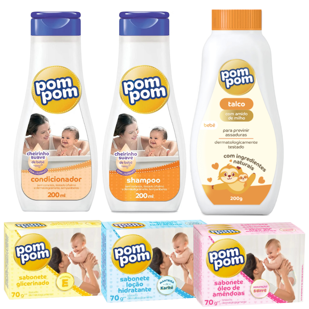 Kit  para Higiene do Bebê Pompom Shampoo/Condicionador/Sabonete/Talco