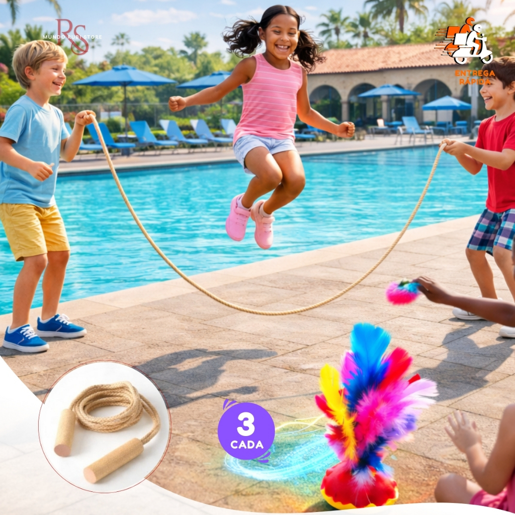3 Pula Corda Coletivo 5m e 3 Peteca Pro Brinquedos Sisal Reforçado Festa Junina Arraiá Envio Imediato