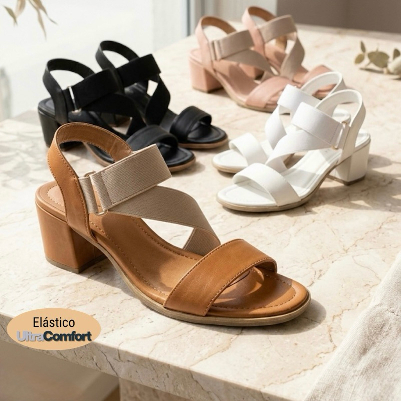 Sandália Salto Bloco feminina Grosso Quadrado Elástico Conforto Estilo Elegante Trabalho Casual Básica