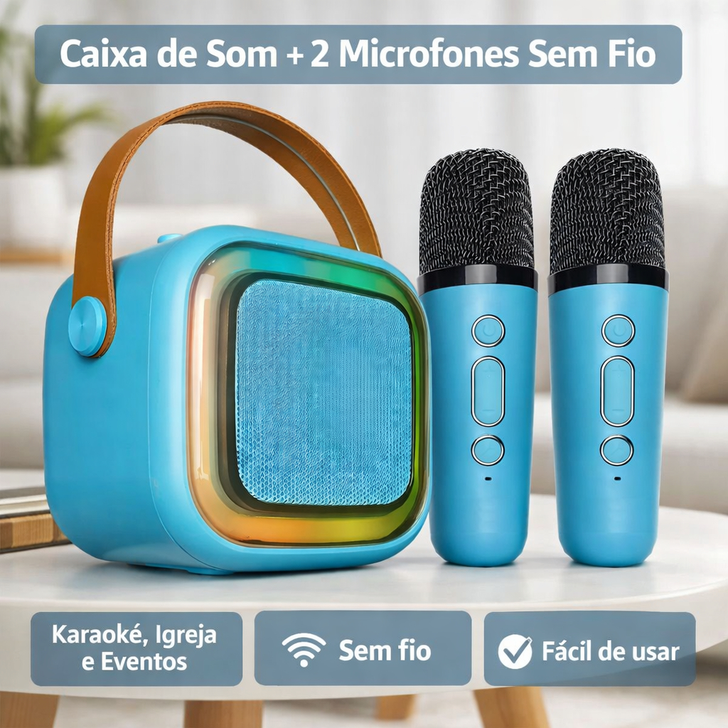 Caixinha Som Karaokê Bluetooth Infantil Premium 2 Microfones Sem Fio Luz LED Recarregável Potente
