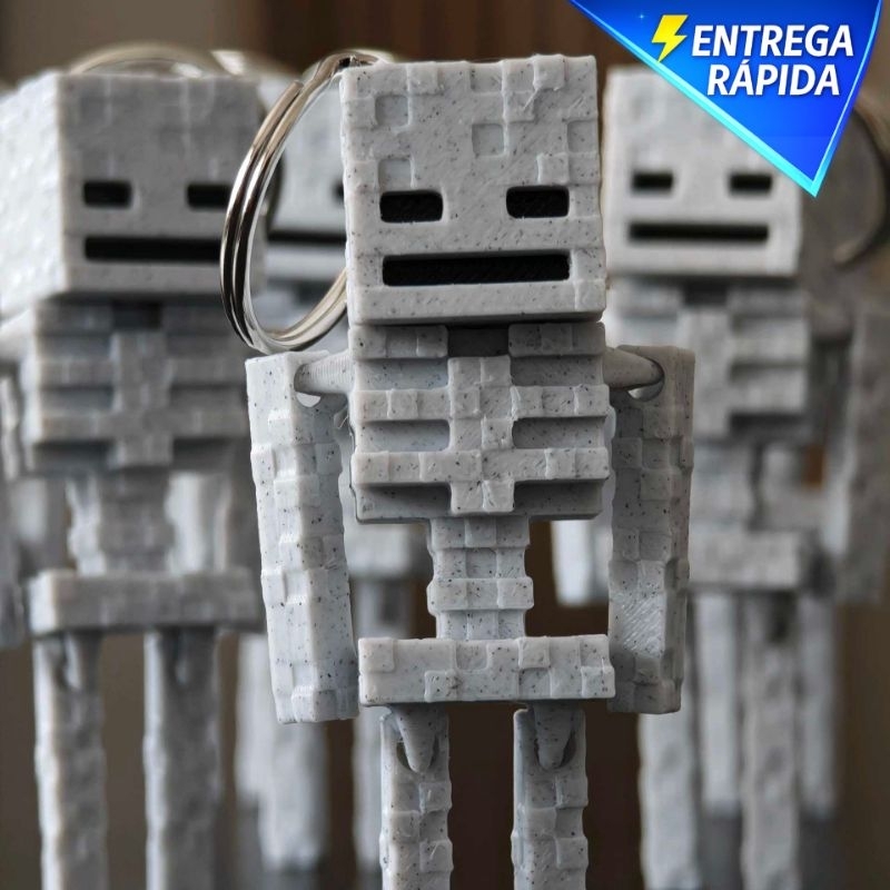 Minecraft Chaveiro Esqueleto Articulado 3D Boneco Gamer Geek para Mochila ou Chaves Presente