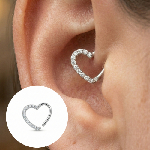Piercing Coração Cravejado PRATA 925 LEGITIMA com Zircônia P/ ORELHA DIREITA DAITH /HELIX / NARIZ