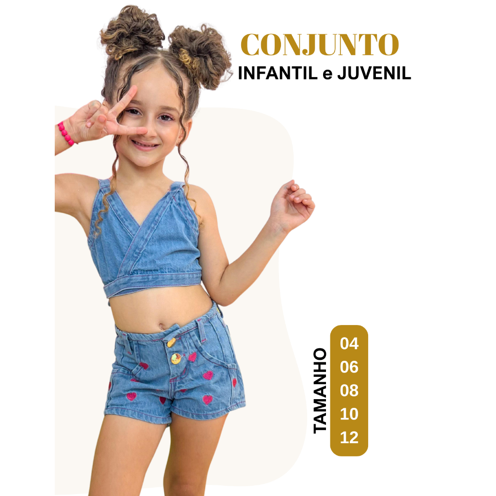Conjunto Top e Short Jeans Infantil Menina Passeio Festa Aniversário Verão Férias Shopping Juvenil