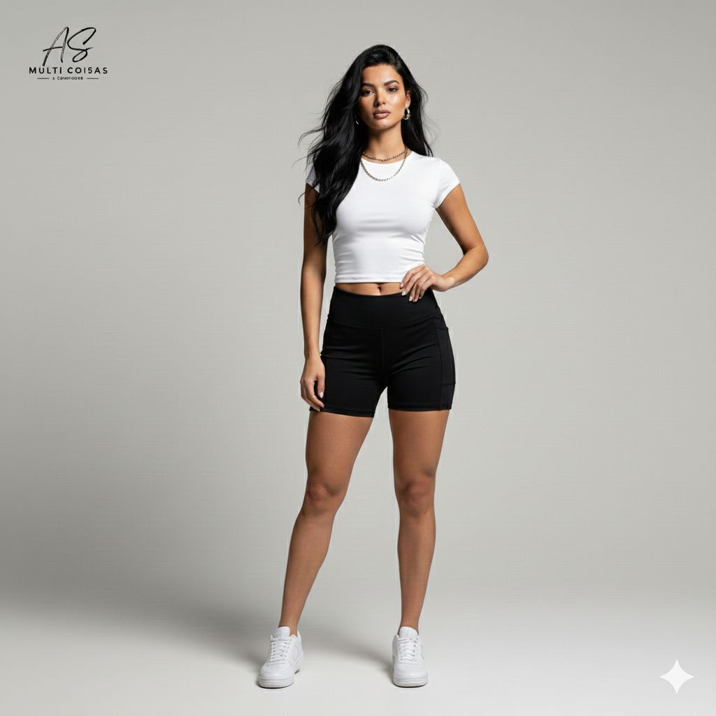 KIT CONJUNTO ACADEMIA FEMININO TECIDO SUPLEX ZERO TRANSPARENCIA MODELO PREMIUM SHORT CURTO PRETO E BABY TEE CROPPED