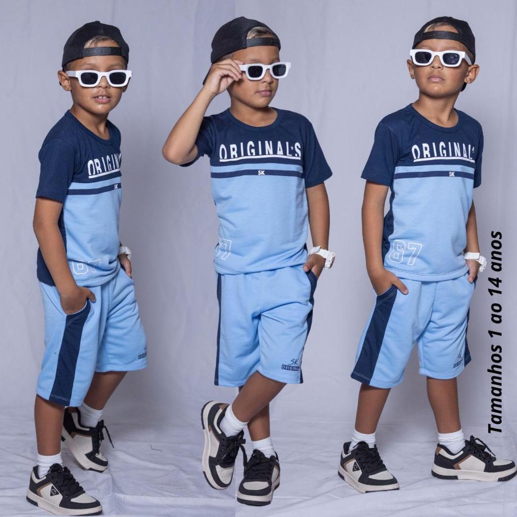Conjunto Infantil Masculino Verão Camiseta + Bermuda Moletinho Roupas Menino 2 ao 12 Anos Estiloso