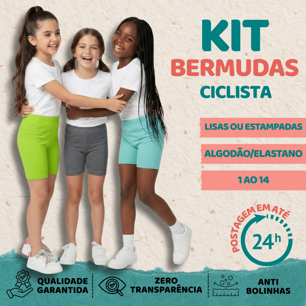 Bermuda Infantil Juvenil Ciclista Algodão Escolar 1 Ao 14 | Estampada Lisa Sortida Kit 3 ou 5 Peças