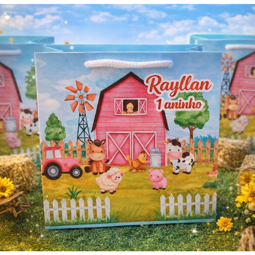 Kit 10 Sacolinhas Personalizadas Fazendinha 15x15cm | Lembrancinha Festa Infantil Fazendinha
