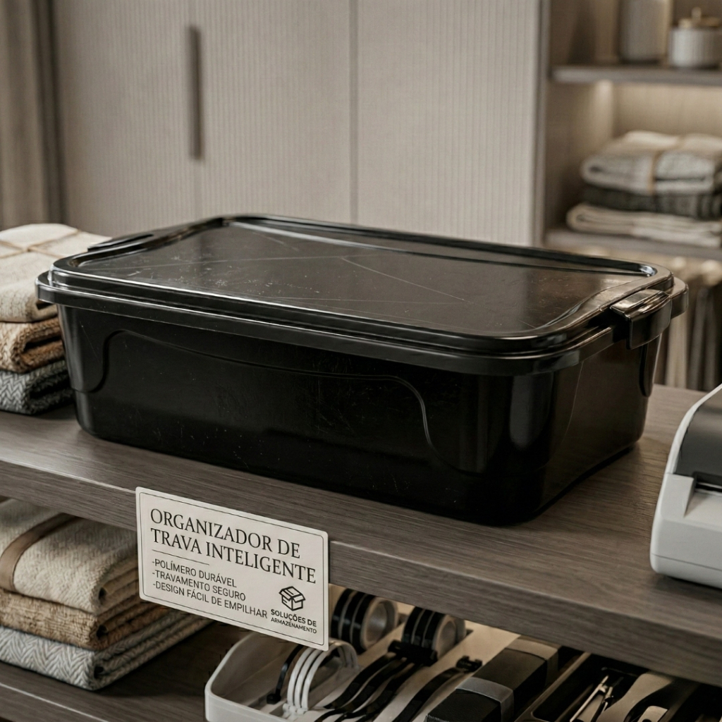 Caixa Organizadora Preta 9 Litros com Tampa e Trava – Organizador Multiuso 39x28cm