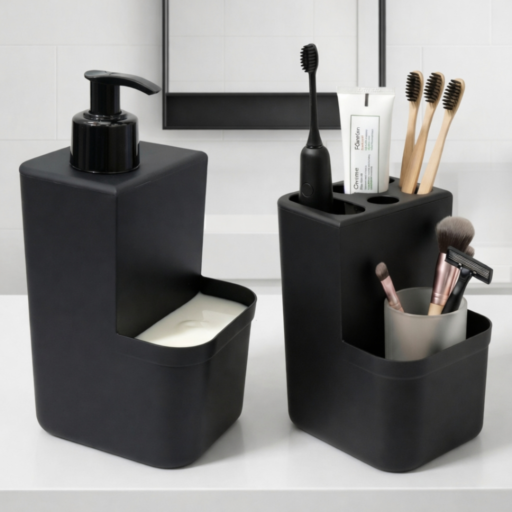 Kit Banheiro Higiene | Porta Escovas de Dentes + Dispenser Sabonete Líquido 400ml