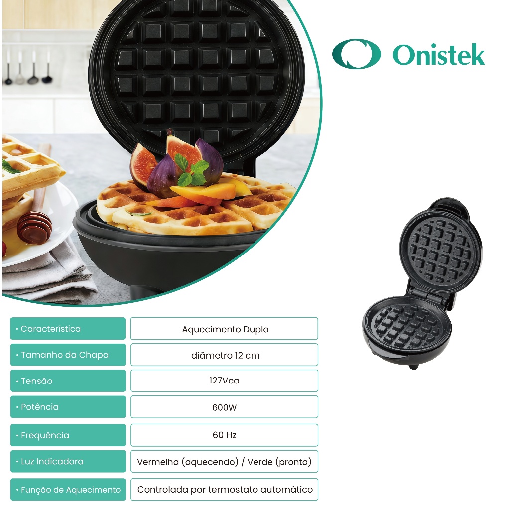 Máquina De Waffle Mini Elétrica Antiaderente 600W Duplo Aquecimento Preta ON-FE407 127V/220V