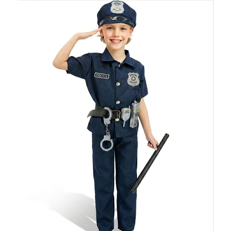 Fantasia infantil farda de policia + acessórios cassetete Walkie-Talkie algemas chapéu de polícia cinto cinto cosplay