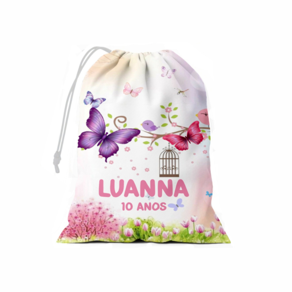 Kit Saquinho Surpresa Tema Borboletas Lembrancinha Anisversario Festas 15x20 em Tecido Personalizado Nome e Idade