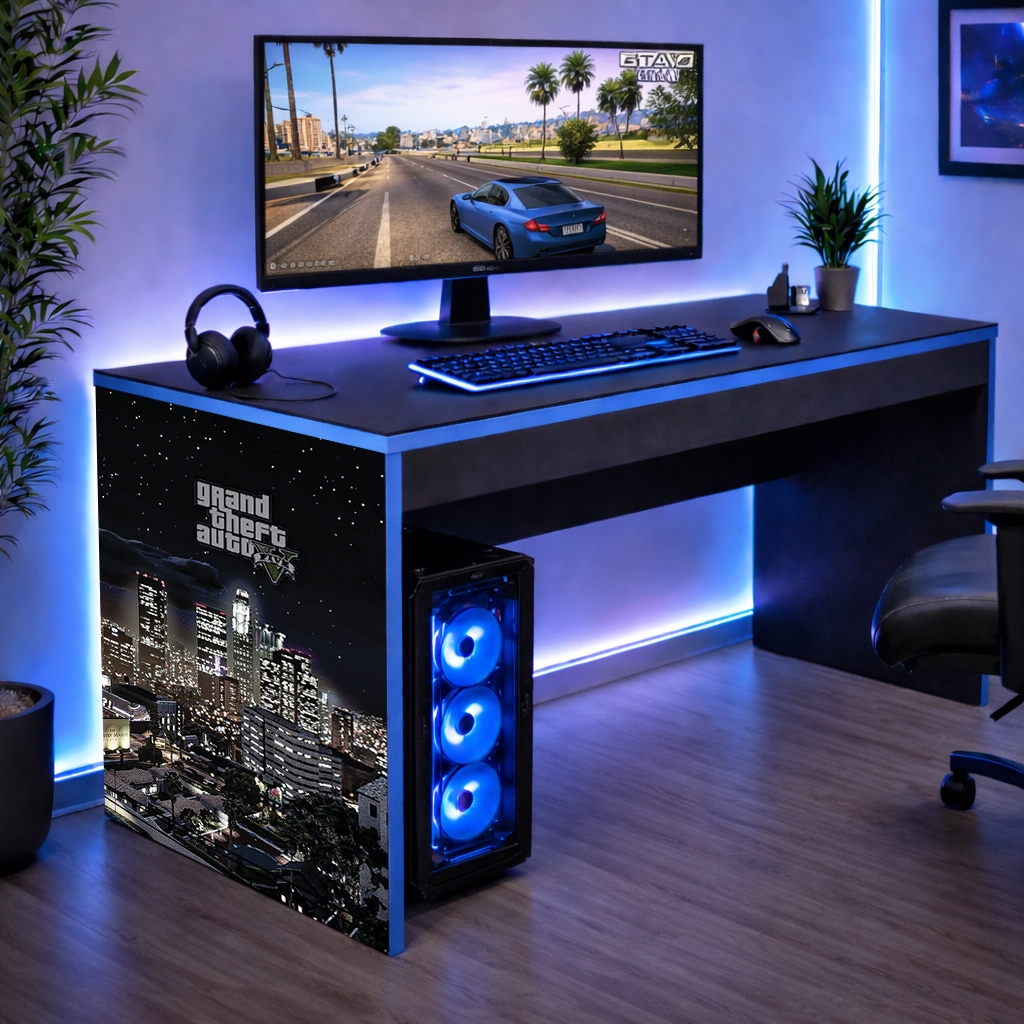 Mesinha Gamer Escrivaninha Bordas Azul Mesa Infantil Qaurto Jogos GTA 5 Grand Theft Auto 90 CM