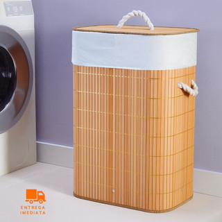 Cesto De Roupa Suja Bambu 72 Litros Lavanderia Com Tampa e Alças Forrado Grande Organizad…