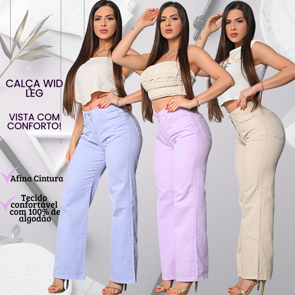 Calça Wide Leg Feminina Colorida Cintura Alta 100% Algodão Confortável Aellus Boyfriendy Pantalona 3