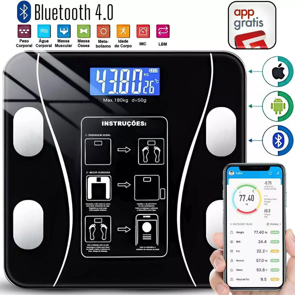 Balança Digital Inteligente Bluetooth Análise Corporal Precisão Alta Capacidade 140kg Preta