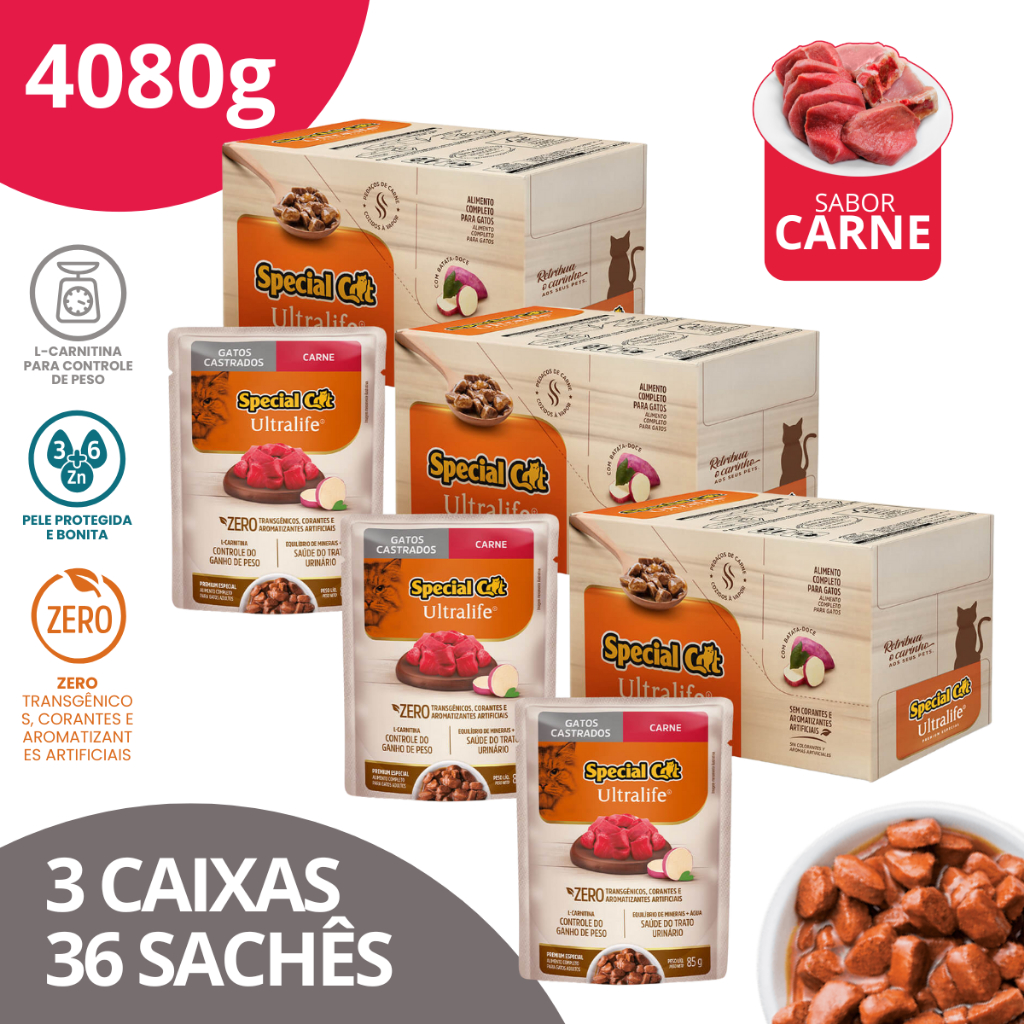 Kit 3 Caixa 12 Sachê Special Cat Ultralife Castrados Sabor Carne 85g
