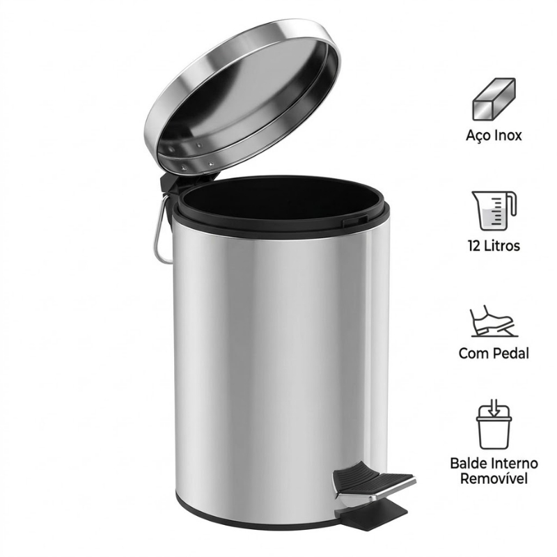 Lixeira Inox 12L Multiuso com Pedal – Ideal para Cozinha, Banheiro e Escritório