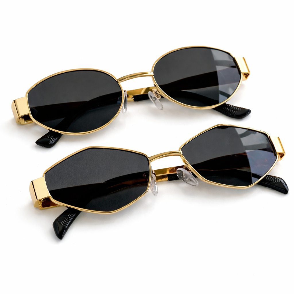 Kit 2 Peças De Óculos De Sol  Armação De Metal Dourado Para Mulheres E Homens