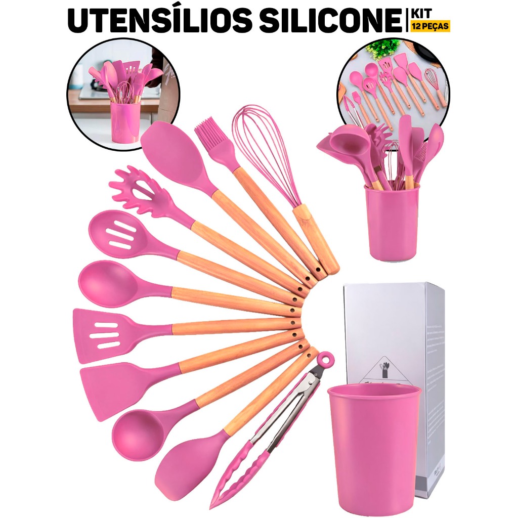 Kit Jogo Utensílios De Cozinha Silicone 12 Peças Cabo Madeira Panelas Antiaderente Cozinha em Oferta na Shopee
