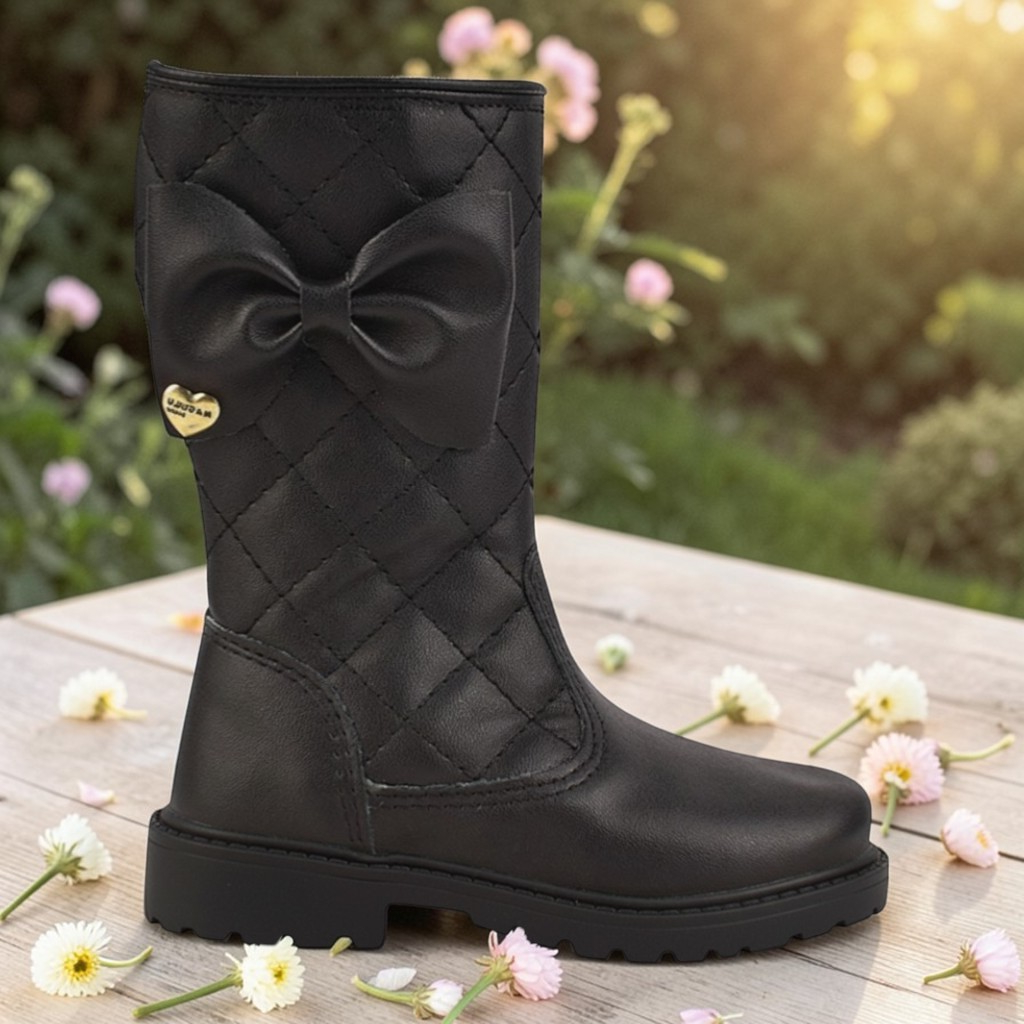 Detalhes do Bota para Menina Confortável Infantil Matelassê Cano Longo Laço Latera