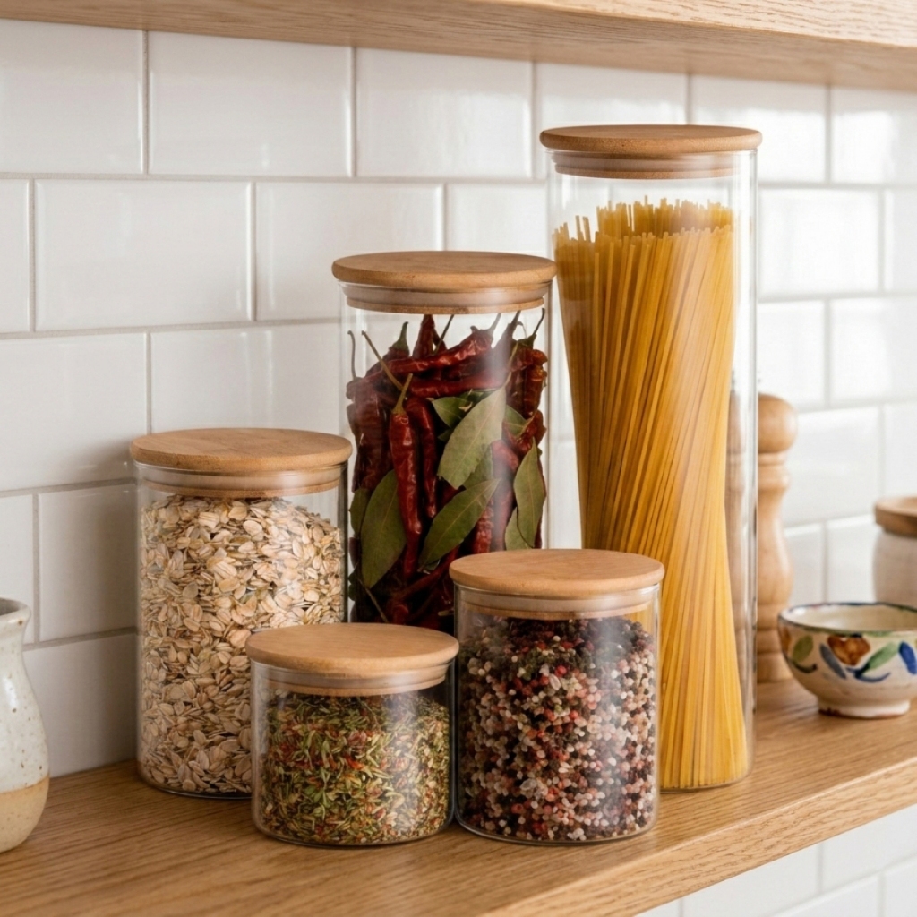 Kit 5 Potes de Vidro com Tampa de Bambu para Condimentos e Alimentos — foto 2
